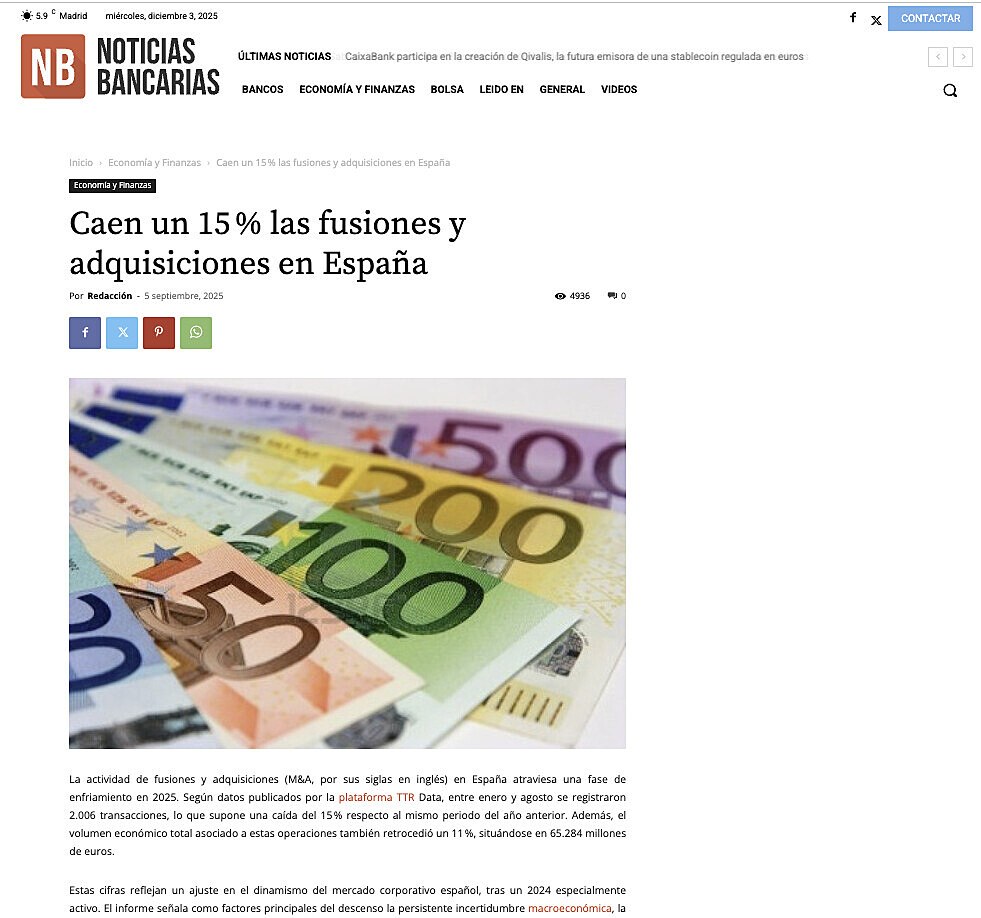 Caen un 15 % las fusiones y adquisiciones en Espaa